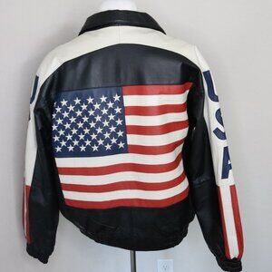 Vintage Wilda Genuine Leather USA Men's Jacket * Large L * VG * Black USA Flag